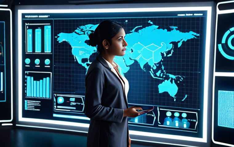 **Prompt:** A modern, diverse individual (South Asian appearance, male or female) standing confidently in front of a dynamic, futuristic digital display that visualizes complex data and AI-driven insights related to personalized insurance. The scene should convey innovation, financial intelligence, and a sense of proactive planning for the future in a rapidly evolving world. Soft, glowing digital light, high-tech environment.