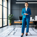 **

"A professional female architect in a modest, stylish pantsuit, standing in a bright, modern office filled with blueprints and architectural models, fully clothed, appropriate attire, safe for work, perfect anatomy, natural proportions, architectural photography, high quality."

**