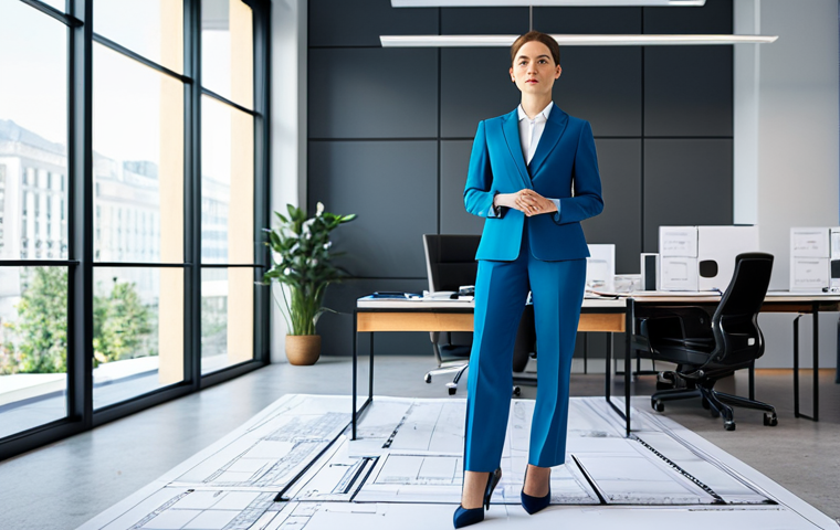 **
"A professional female architect in a modest, stylish pantsuit, standing in a bright, modern office filled with blueprints and architectural models, fully clothed, appropriate attire, safe for work, perfect anatomy, natural proportions, architectural photography, high quality."
**