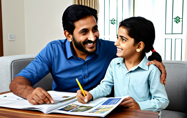 Family Discussing Insurance**
"A professional and family-friendly scene depicting a fully clothed Pakistani family (father, mother, and two children) sitting at a table in a modern living room, discussing financial plans and insurance policies. The father is pointing at a brochure with the word "Bima" (insurance) prominently displayed in Urdu. The mother is smiling reassuringly. The scene should convey a sense of security and financial responsibility. Safe for work, appropriate content, fully clothed, modest clothing. Perfect anatomy, correct proportions, natural pose, well-formed hands, proper finger count, natural body proportions, high quality, professional illustration."
**