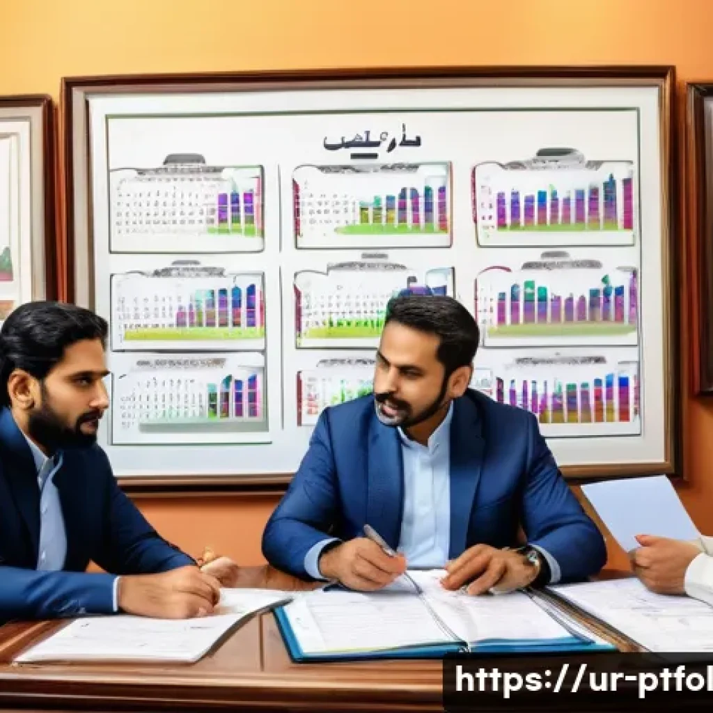 보험 포트폴리오 변화에 대응하는 방법 - An elegant office setting in Karachi, featuring a middle-aged South Asian financial advisor consulti...