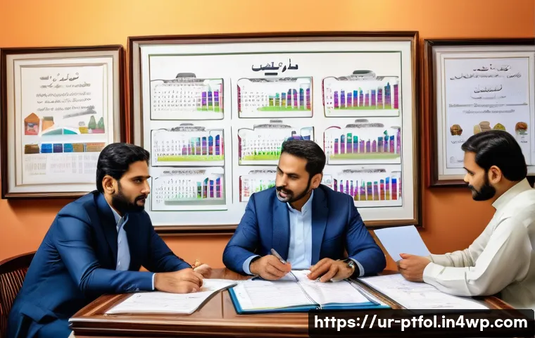 보험 포트폴리오 변화에 대응하는 방법 - An elegant office setting in Karachi, featuring a middle-aged South Asian financial advisor consulti...
