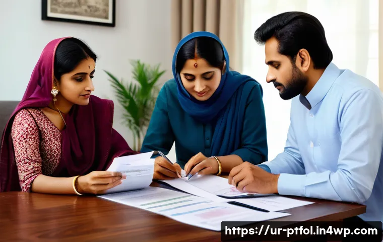 보험 포트폴리오의 효과적인 관리 방안 - A professional South Asian family sitting together at a modern living room table, reviewing insuranc...