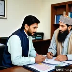 Home 19 보험 상품별 수익률 비교 및 분석 - A professional financial advisor consulting a middle-aged Pakistani family in a modern office settin...