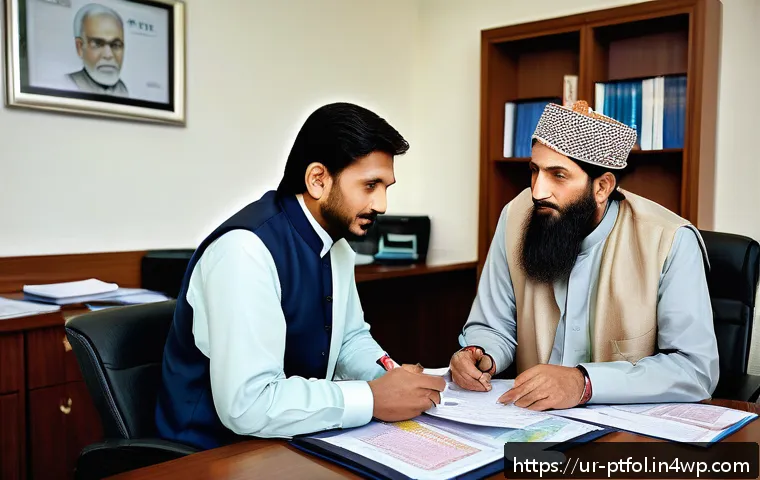 보험 상품별 수익률 비교 및 분석 - A professional financial advisor consulting a middle-aged Pakistani family in a modern office settin...