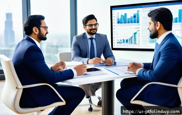 보험 전문가의 포트폴리오 관리 팁 - A sophisticated office setting showing a diverse group of professional Urdu-speaking financial exper...