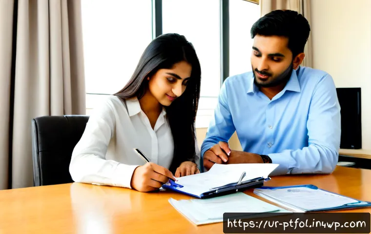 Home 17 생애 주기별 보험 포트폴리오 조정 전략 - Photorealistic young Pakistani Urdu-speaking couple in a bright modern Lahore apartment, calmly revi...